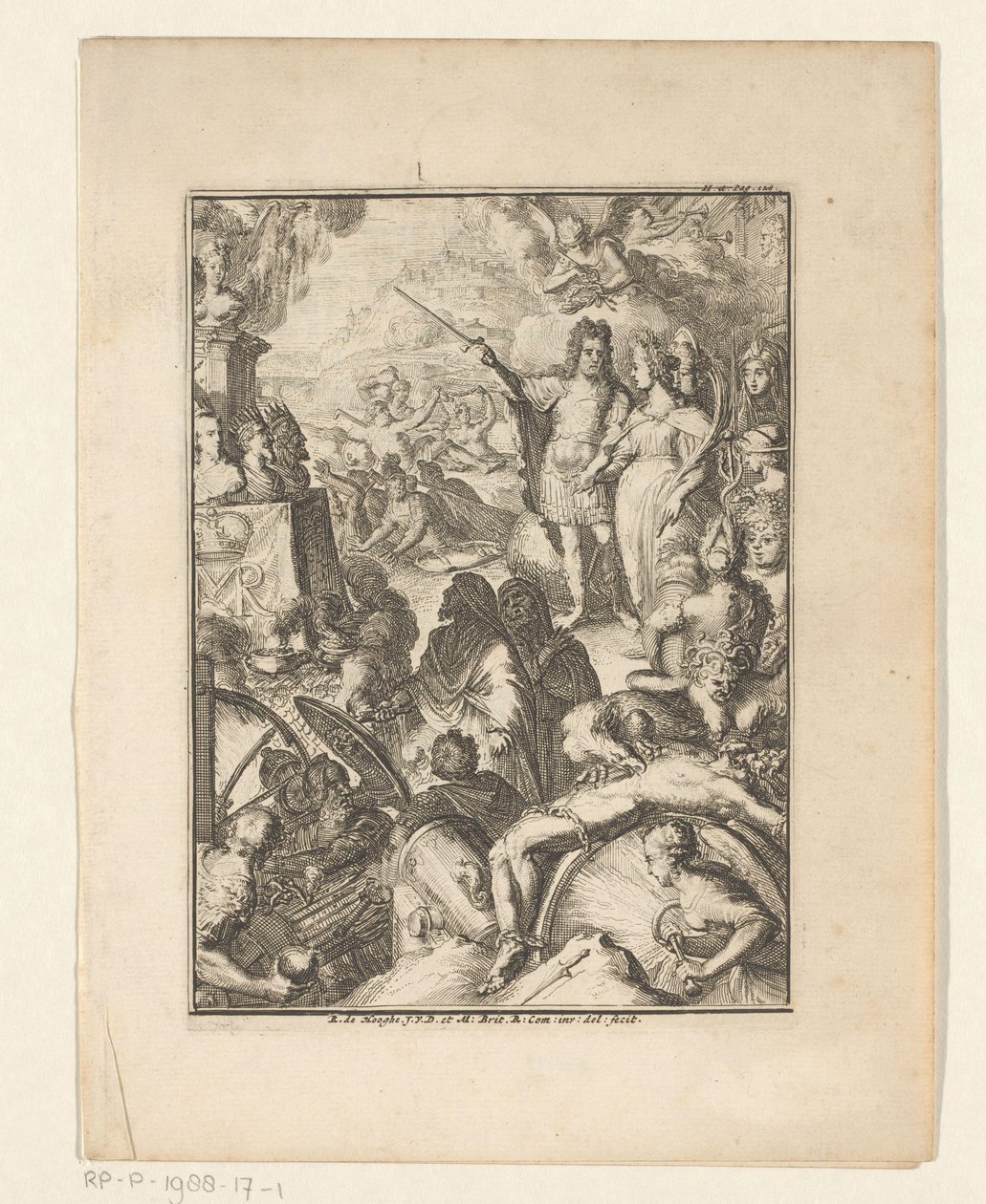 Efsanevi figürlerin ortasında Stadtholder William III ve Mary Stuart by Romeyn de Hooghe