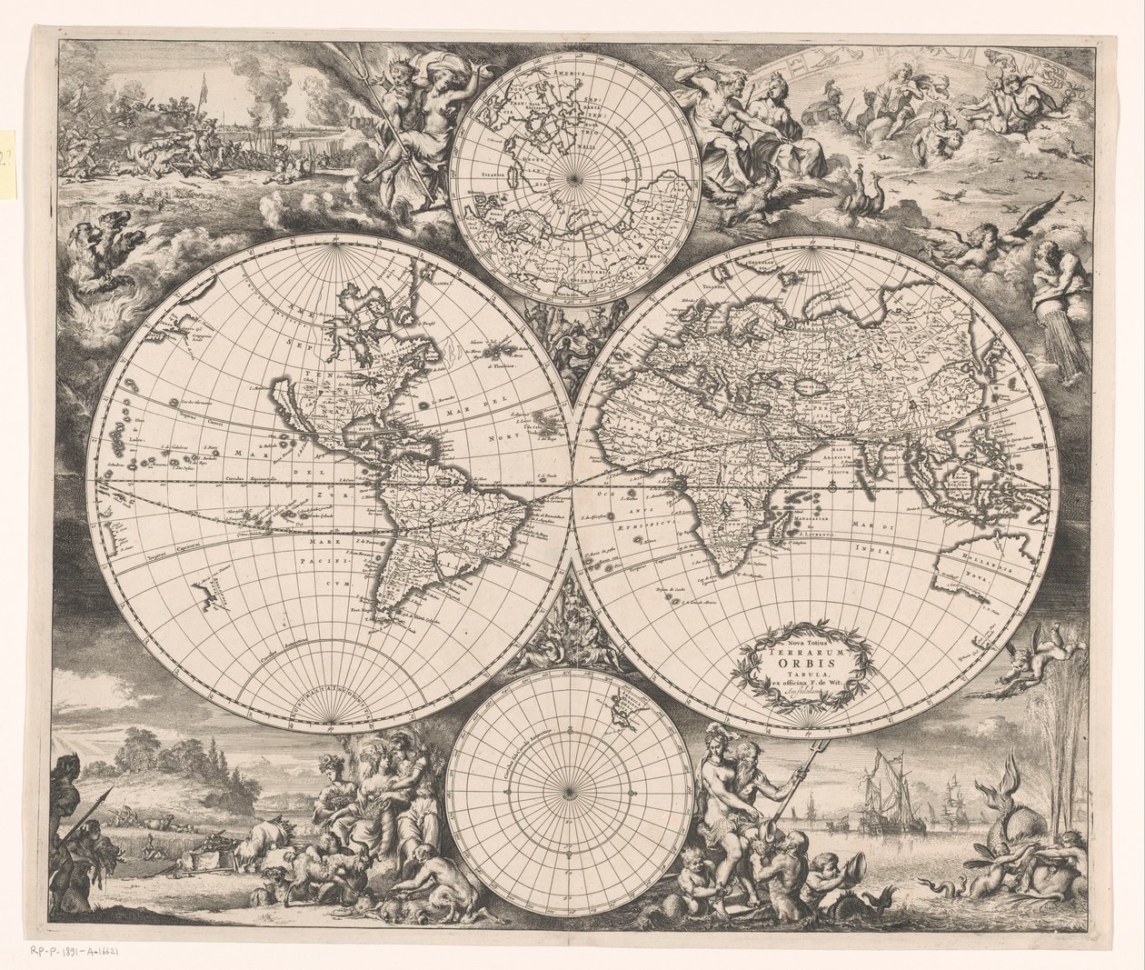 Dört elementin bir alegorisiyle dünya haritası Nova totius terrarum orbis tabula (nesne üzerindeki başlık) by Romeyn de Hooghe