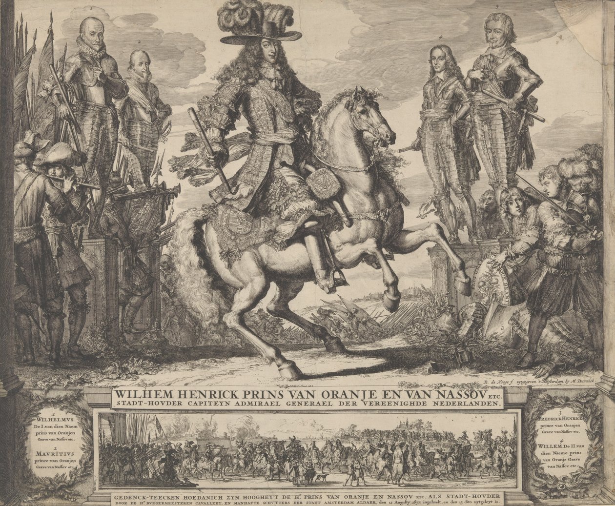 William III, Orange Prensi olarak, önceki dört Stadthouders, William I, Maurice,..., n.d.. by Romeyn de Hooghe