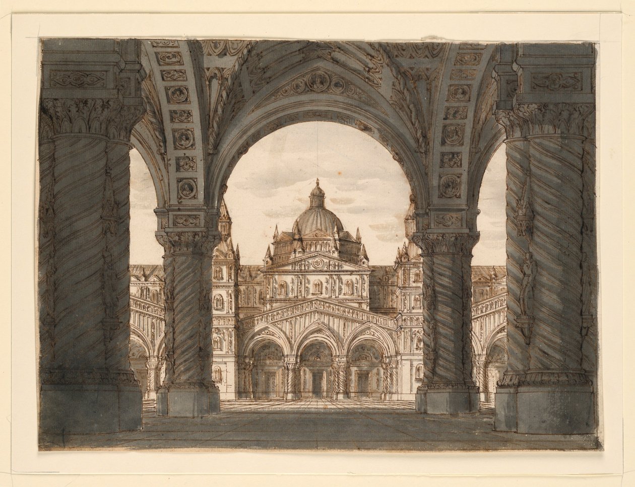Sahne Tasarımı, Bir Loggia'dan Kilise Cephesi, Felice Romani'den I due Valdomiri, Pietro de Winter'dan müzik. La Scala, Milano'da yapıldı, 1818 by Romolo Achille Liverani