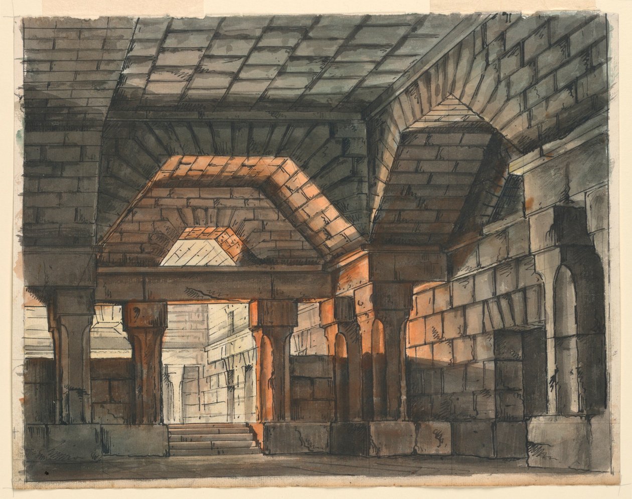 Sahne Tasarımı, Gioachino Rossini, La Scala, Milano, 1818, "Yeraltı Hapishanesi" tarafından "Ciro in Babilonia" için Güçlendirilmiş Kale İçi by Romolo Achille Liverani