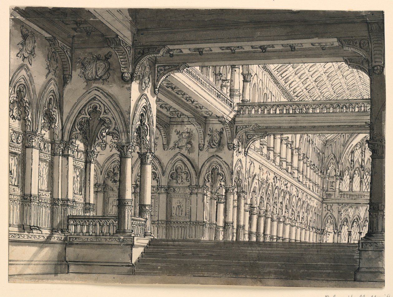 Sahne Tasarımı, Gotik Salonun İç Mekanı by Romolo Achille Liverani