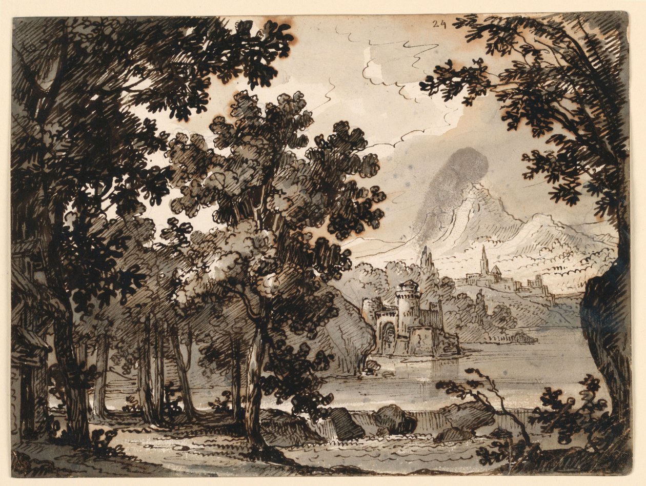 Sahne Tasarımı: Opera La Straniera için Kulübeli Peyzaj by Romolo Achille Liverani