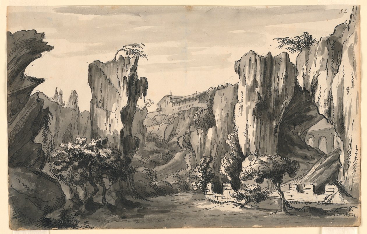 Sahne Tasarımı, Binaları Olan Kayalık Vadi by Romolo Achille Liverani