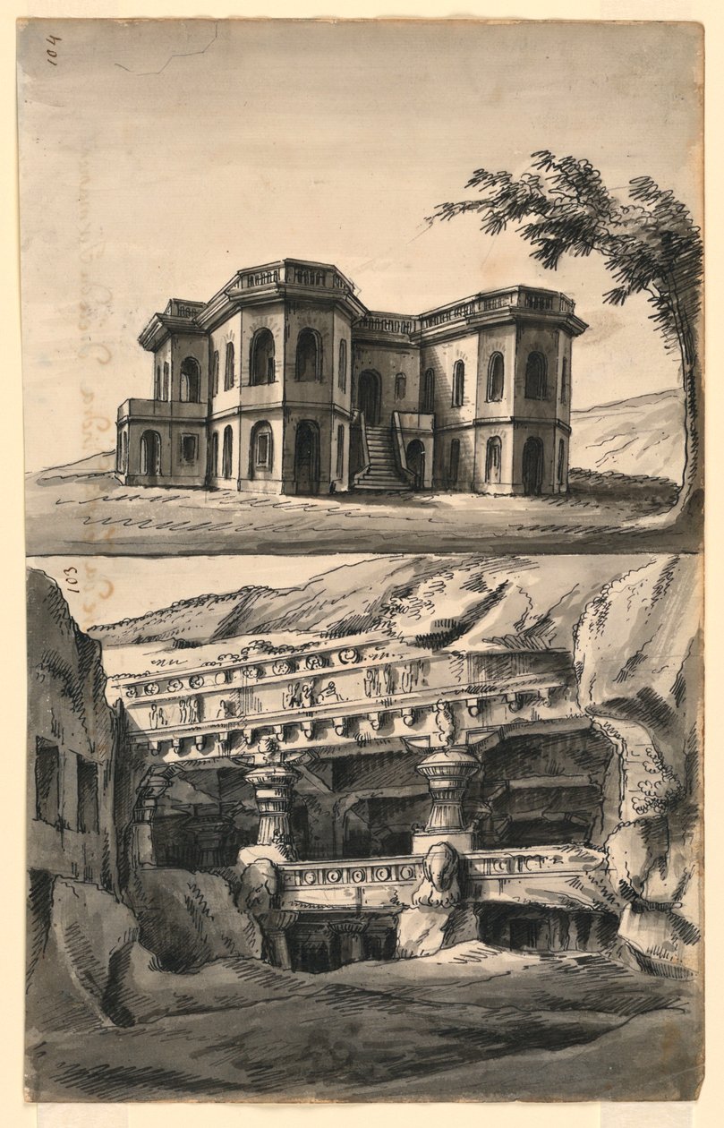 Sahne Tasarımları, Peyzajda Kale ve Tapınaklar ve Mağaralar by Romolo Achille Liverani