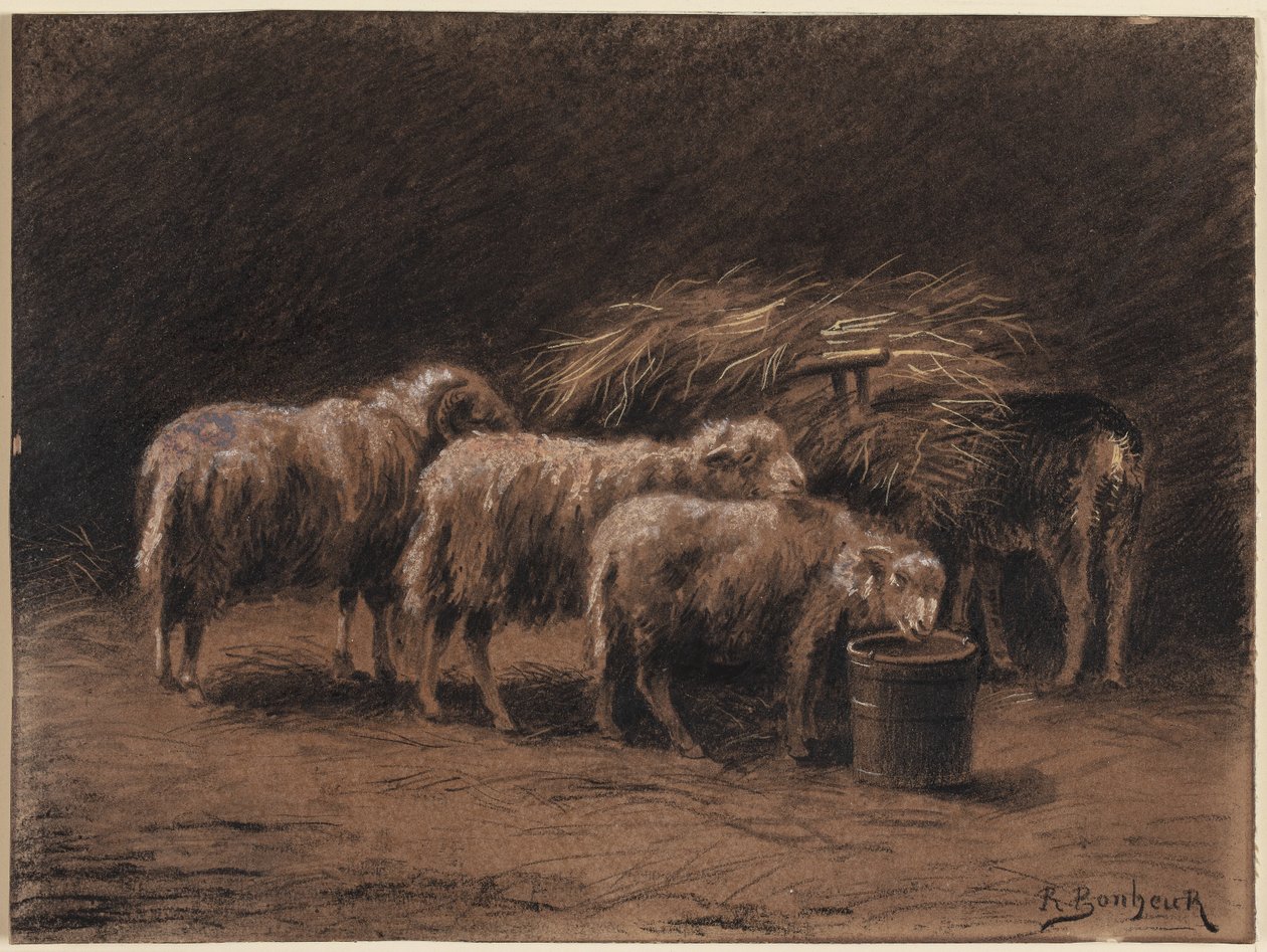 Bir ahırda bir çift koyun ve bir koç by Rosa Bonheur