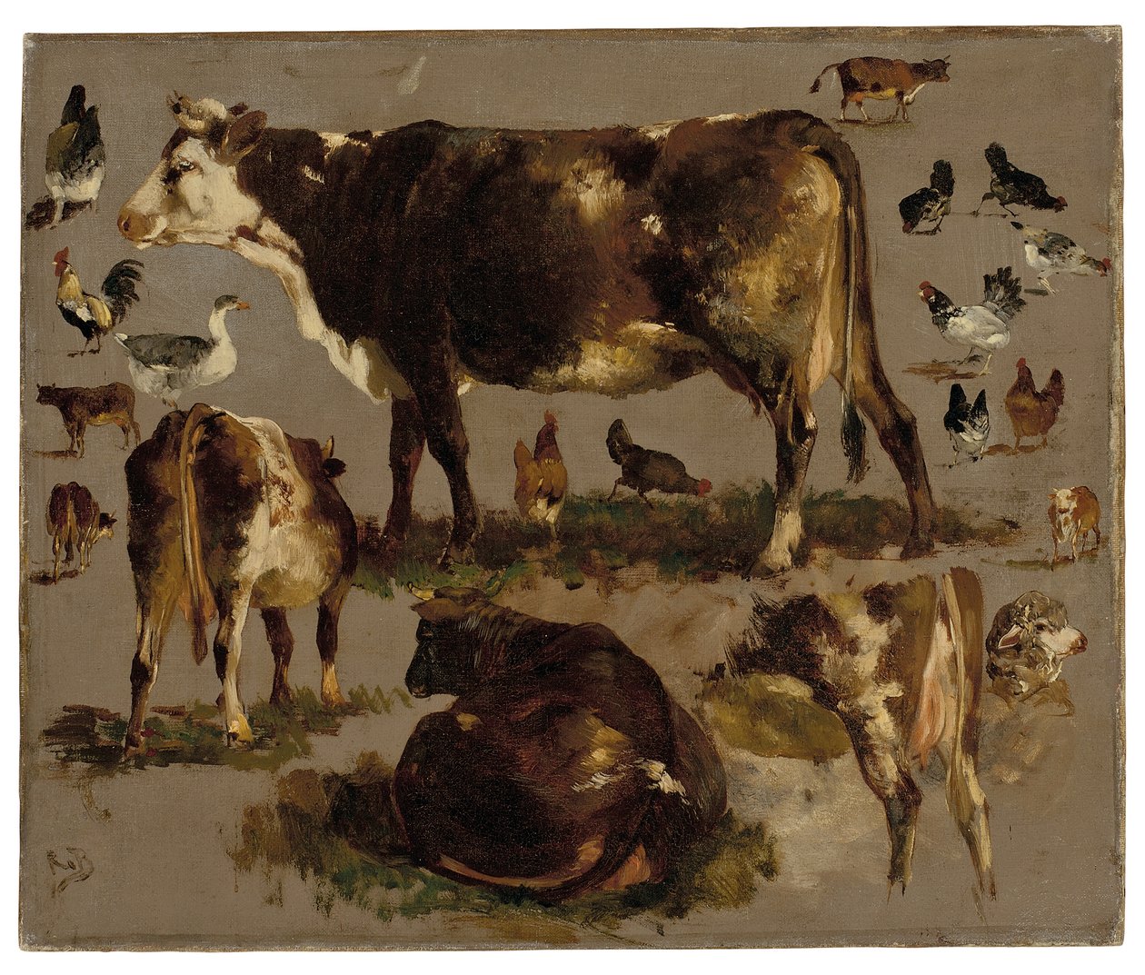 İnek, Tavuk, Horoz, Kaz ve Koyun Çalışmaları (tuval üzerine yağlı boya) by Rosa Bonheur
