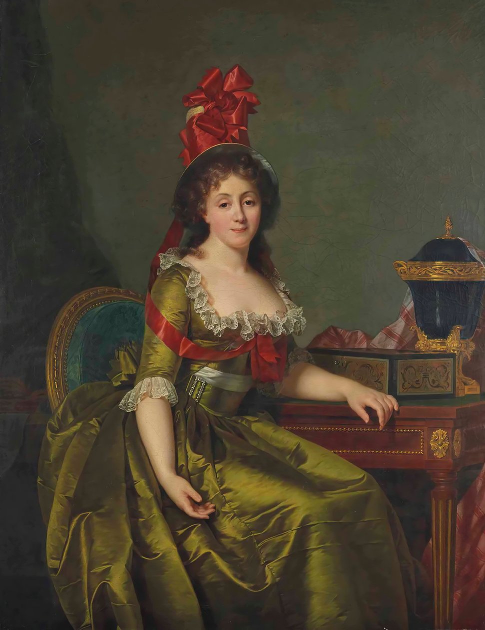 Yeşil saten elbiseli ve kırmızı kurdeleli boneli bir bayanın portresi. by Rose Adelaide Ducreux