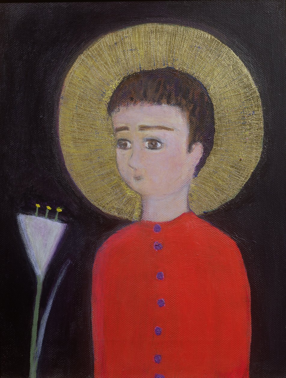 Boy with Lily, 2002 (tuval üzerine akrilik ve altın varak) by Roya Salari