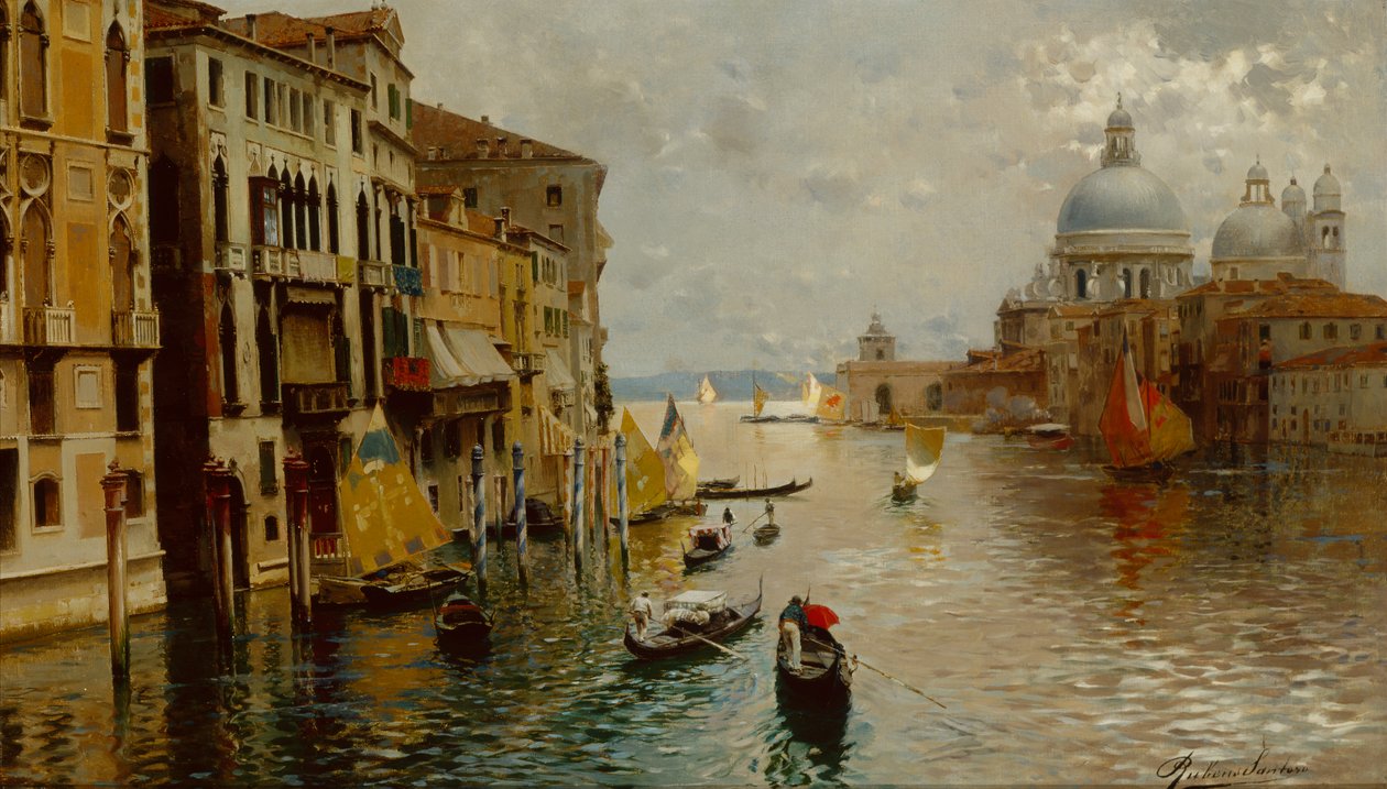 Büyük Kanal üzerindeki gondollar, Dogana ve Santa Maria della Salute ötesinde, Venedik (tuval üzerine yağlı boya) by Rubens Santoro