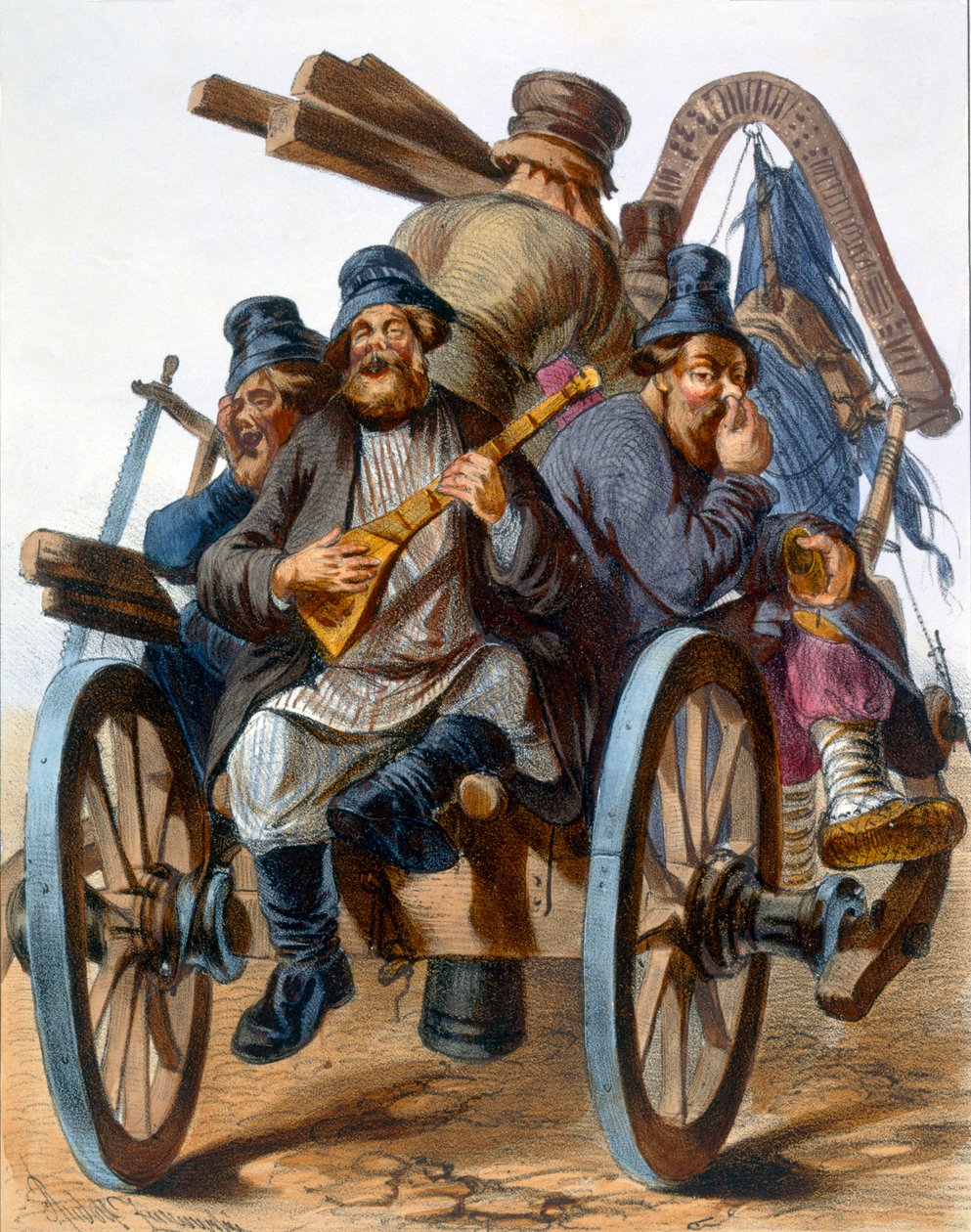 Group of drunken peasant men singing as they go home on a cart, 1843  by Rudolf Jukowsky