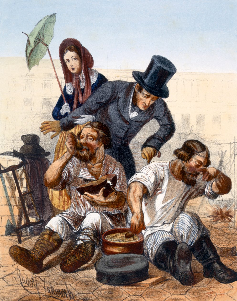Zengin çift, sokakta yemek pişiren ve yemek yiyen bir çift sarhoş marangozla konuşuyor, 1843 by Rudolf Jukowsky