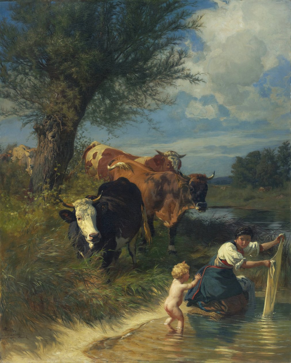 Dere kenarında inekler ve çamaşırcı kadın by Rudolf Koller