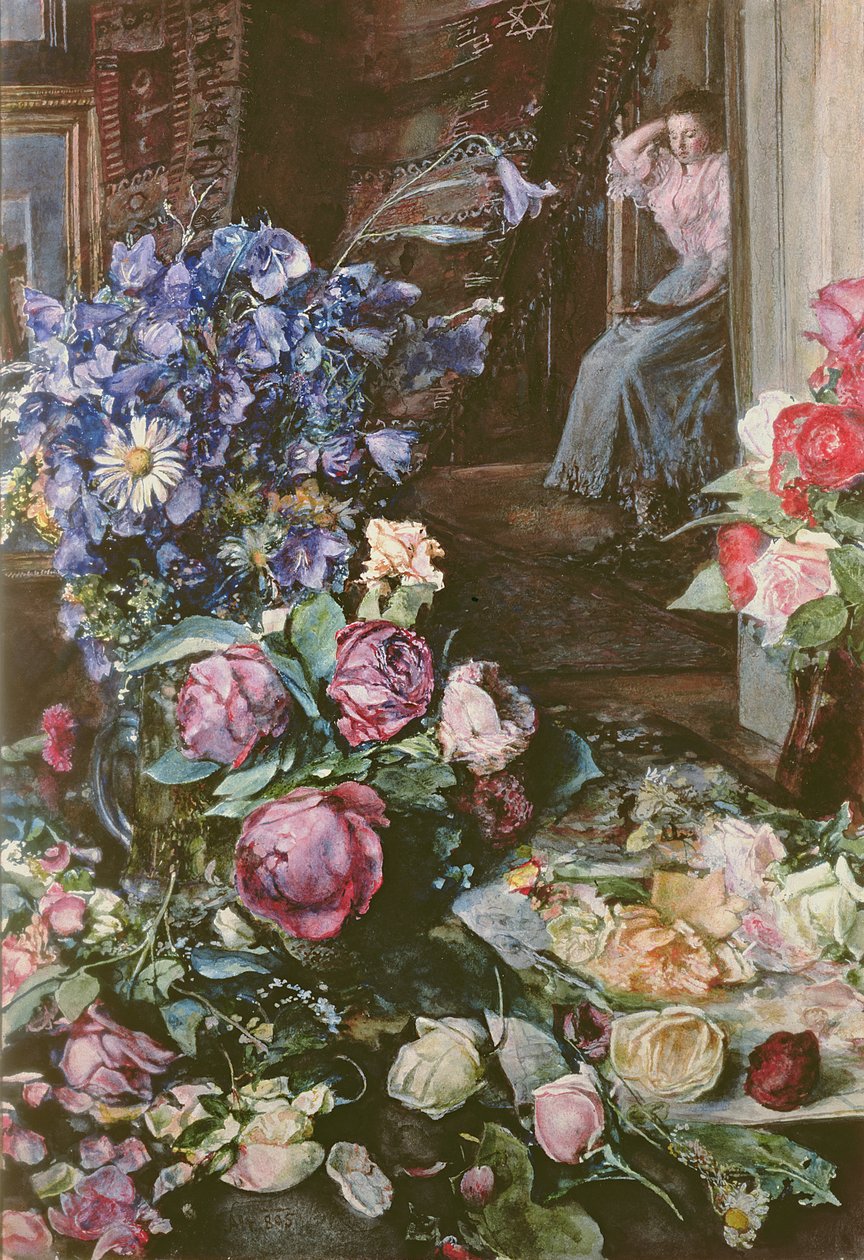 Arka planda Louise Alt ile Natürmort by Rudolf von Alt