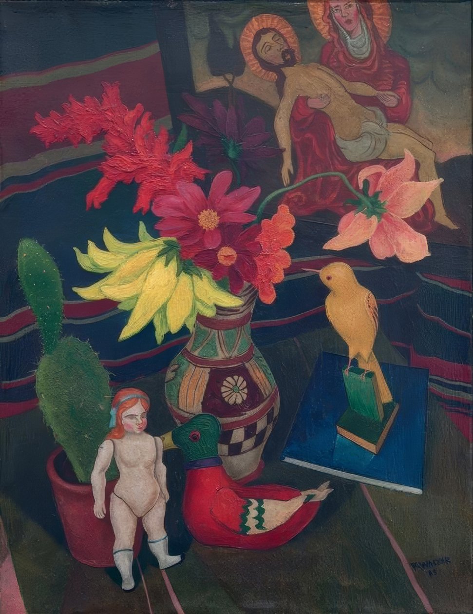 Çıplak bir bebek, kaktüs ve Pietà resmi ile natürmort by Rudolf Wacker