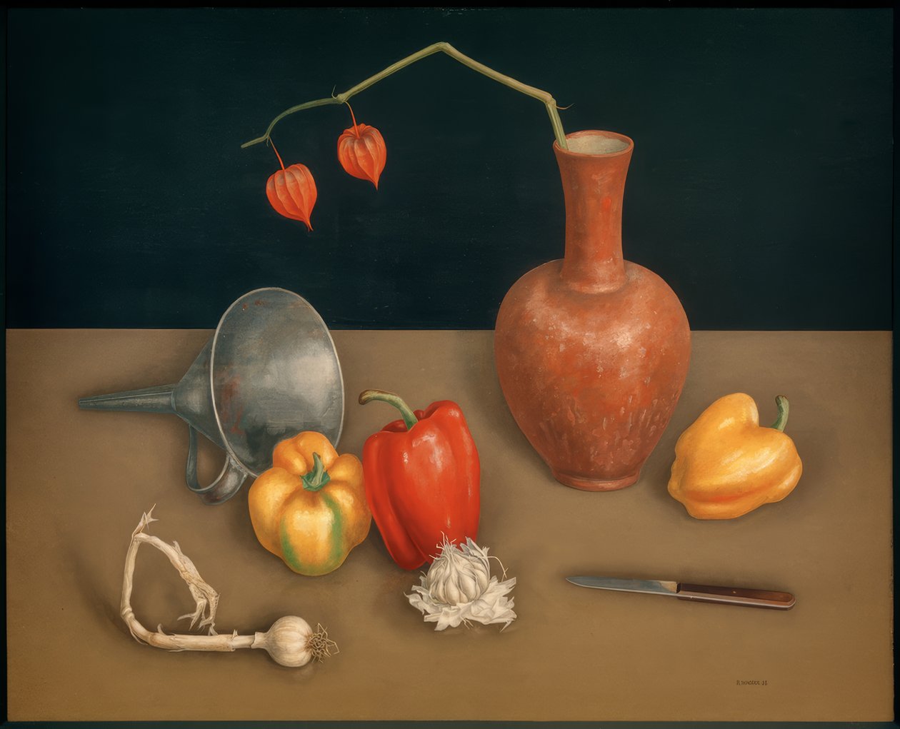 Biberli natürmort (bıçak, vazo, fener çiçeği) by Rudolf Wacker