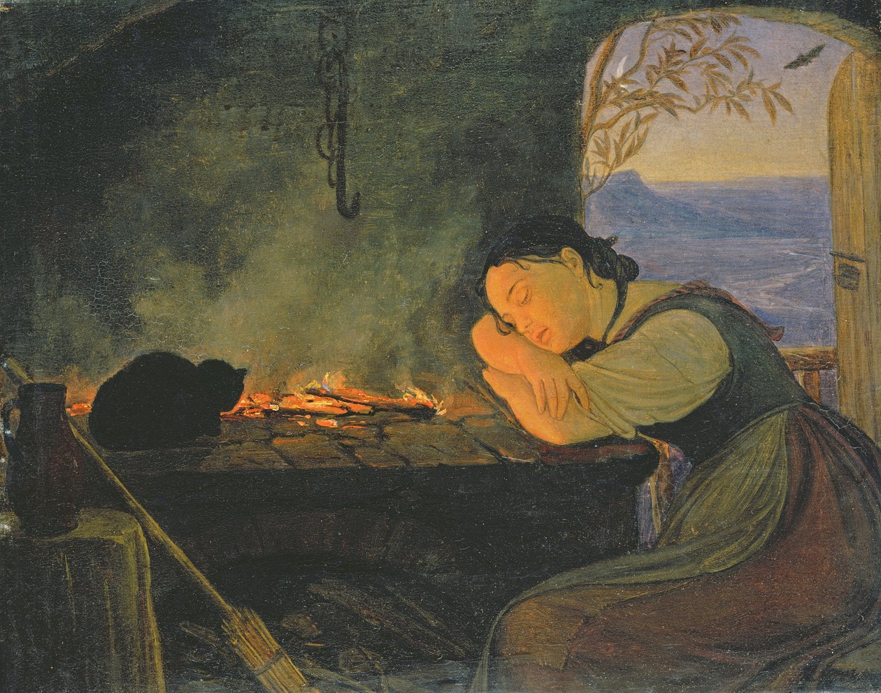Ateşin Yanında Uyuyan Kız, 1843 by Rudolph Friedrich Wasmann