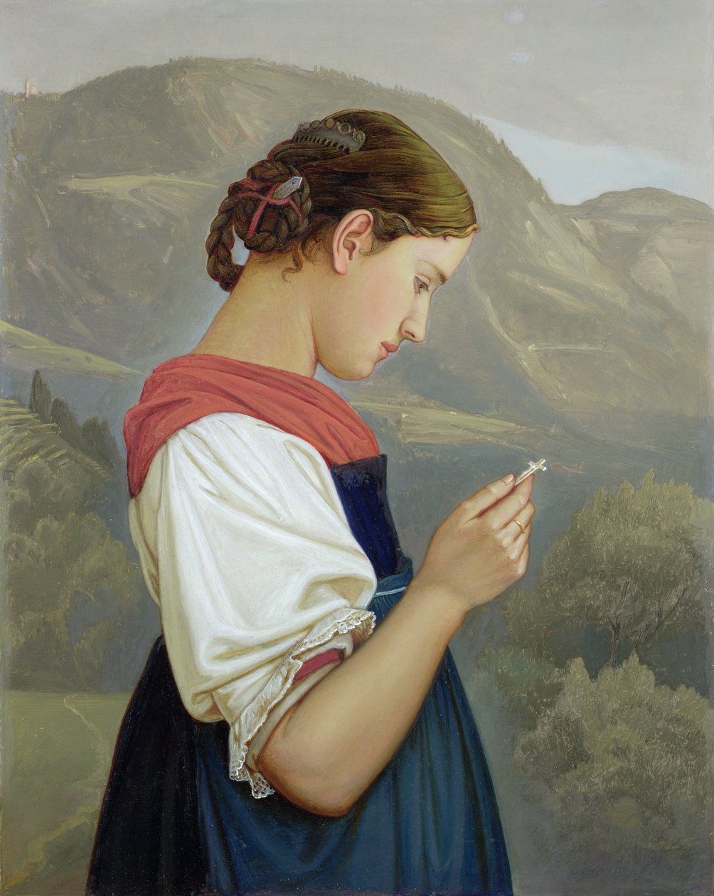 Tirol Kızı Bir Haç Düşünürken, 1865 (kağıt üzerinde yağlı boya) by Rudolph Friedrich Wasmann