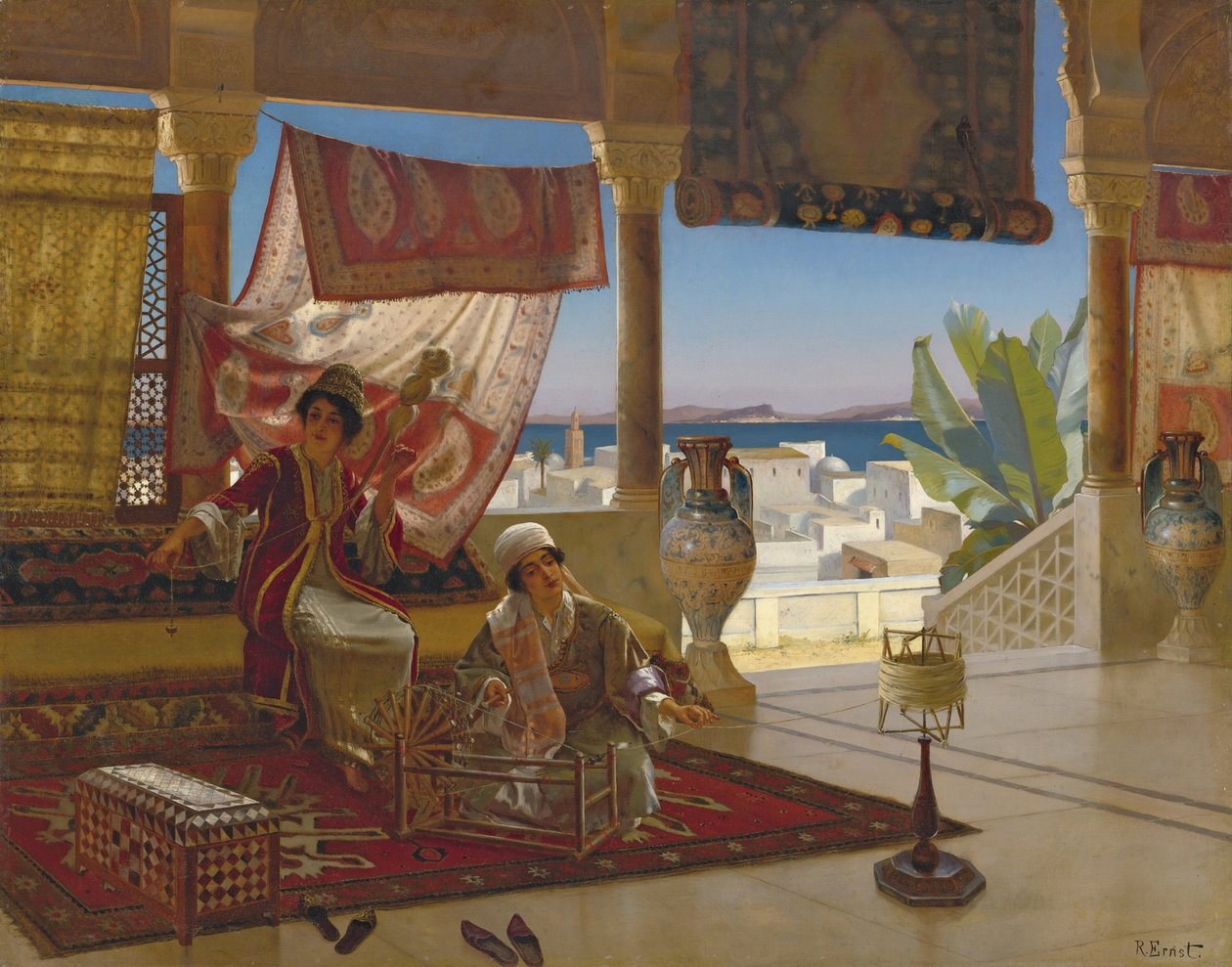 The Wool Spinners (Les fileuses de laine) par Ernst, Rudolf (1854-1932). Ahşap üzeri yağlı boya, ebat : 79,5x100, , Özel Koleksiyon by Rudolphe Ernst