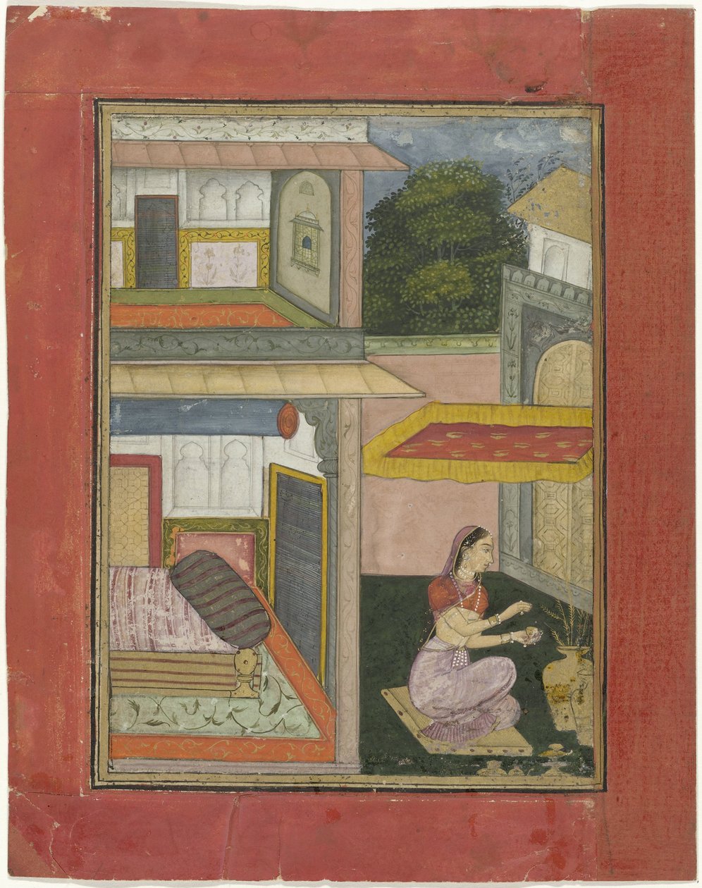 Gunakari Ragini, bir sarayın avlusunda oturan kadın by Rukn ud din (attributed to)