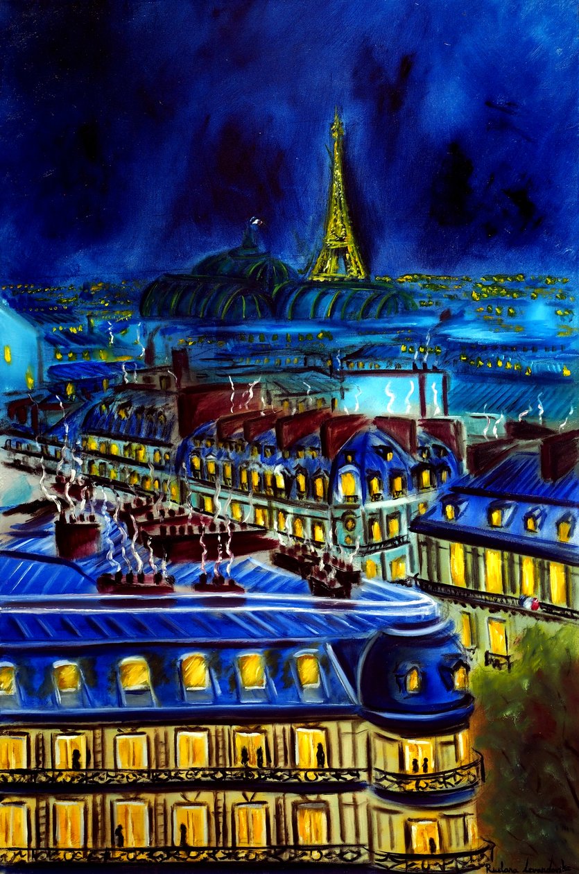 Akşam Paris Şehir Manzarası, 2025 (tuval üzerine yağlıboya) by Ruslana Levandovska