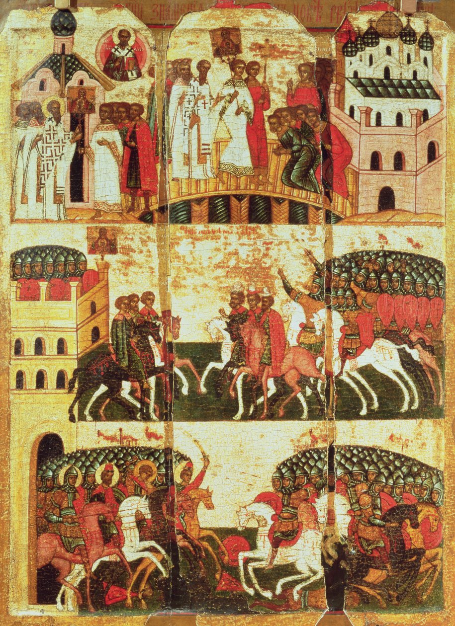 Novgorodianlar ve Suzdalians arasındaki savaş (panelde tempera) by Russian School
