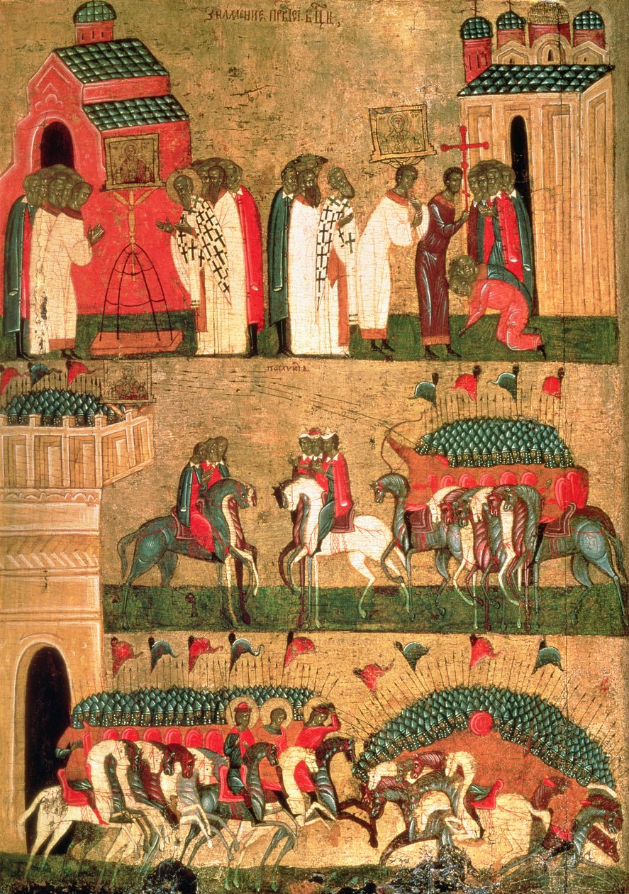 Novgorodluların Suzdalyalılarla Muharebesi, Novgorod Okulu, 15. yüzyılın ortaları (panelde tempera ve altın) by Russian School
