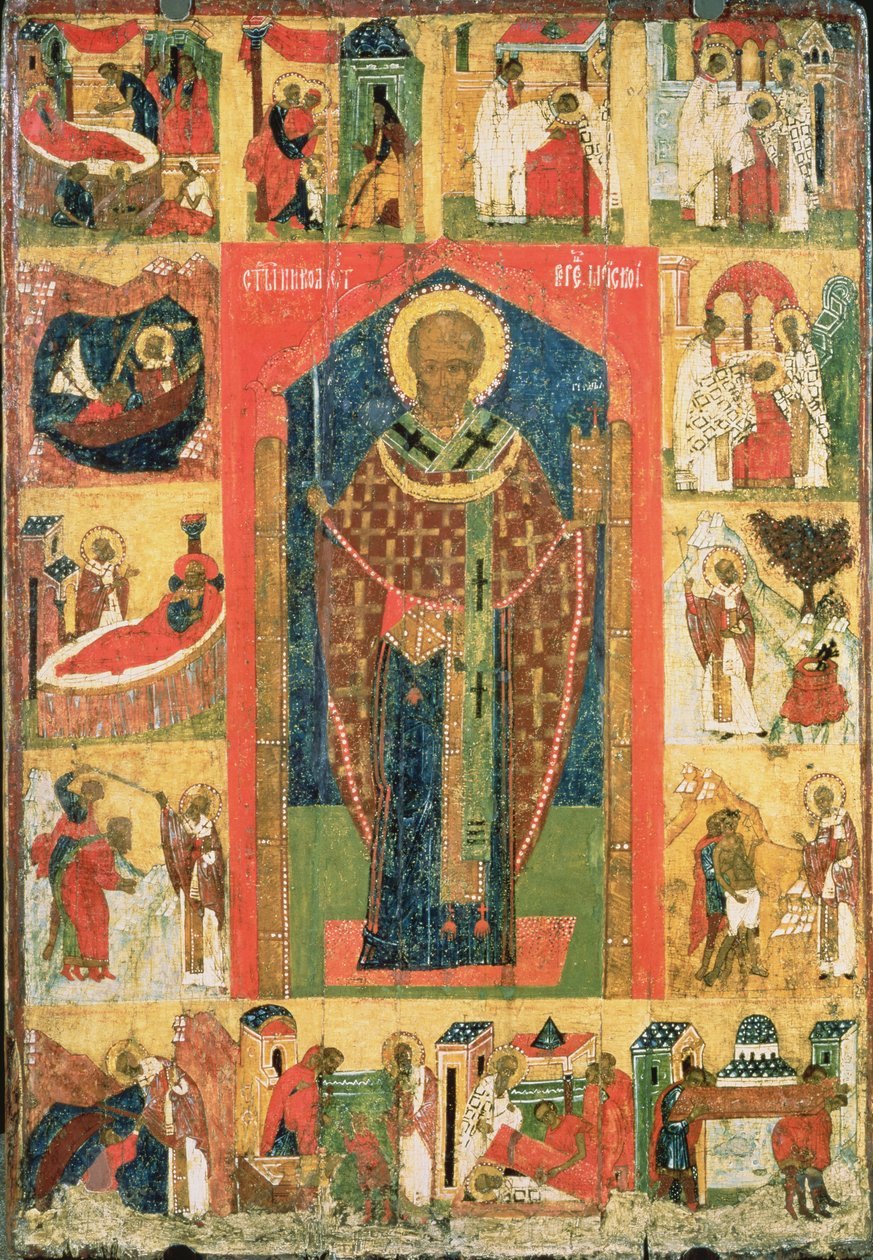 St. Nicholas of Moshajsk hayatından sahnelerle (panelde mizaç) by Russian School