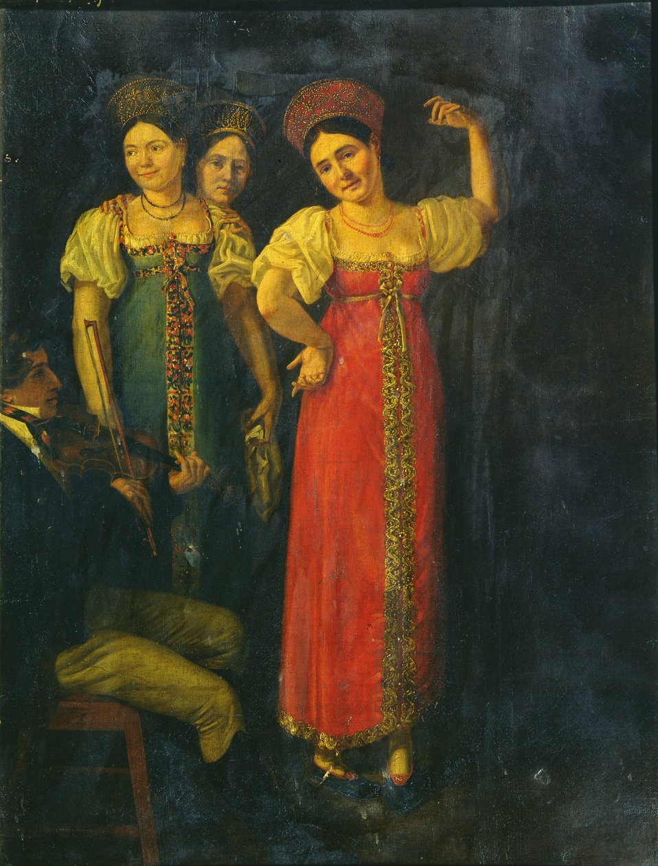Kemancı ve dans eden üç kadın by Russian School