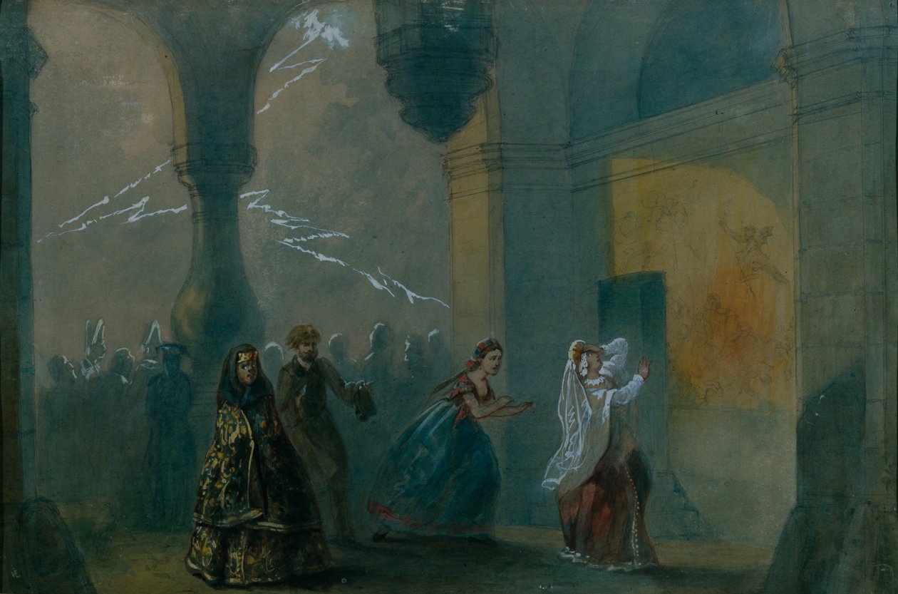 A. Ostrovsky'nin The Storm adlı oyunu için sahne tasarımı, 19. yüzyılın ortalarında. by Russian Master