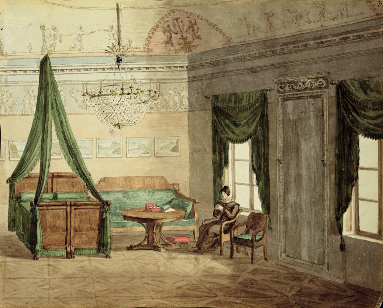 Neo-Klasik Yatak Odası, 1819 (kağıt üzerinde wc) by Russian School