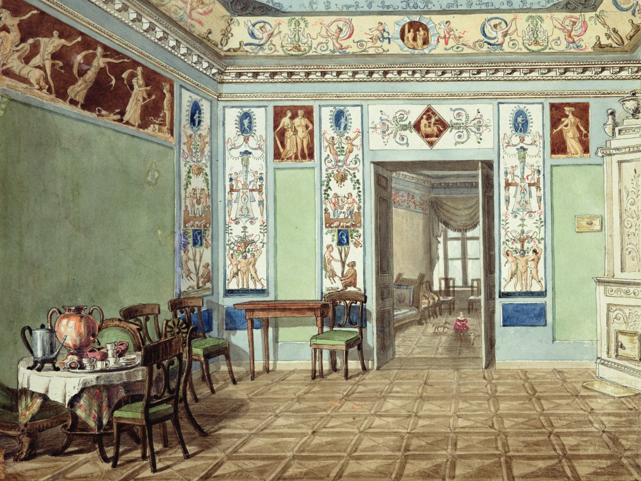 Neo-Klasik Etrüsk Kahvaltı Salonu, 1820 (kağıt üzerinde wc) by Russian School