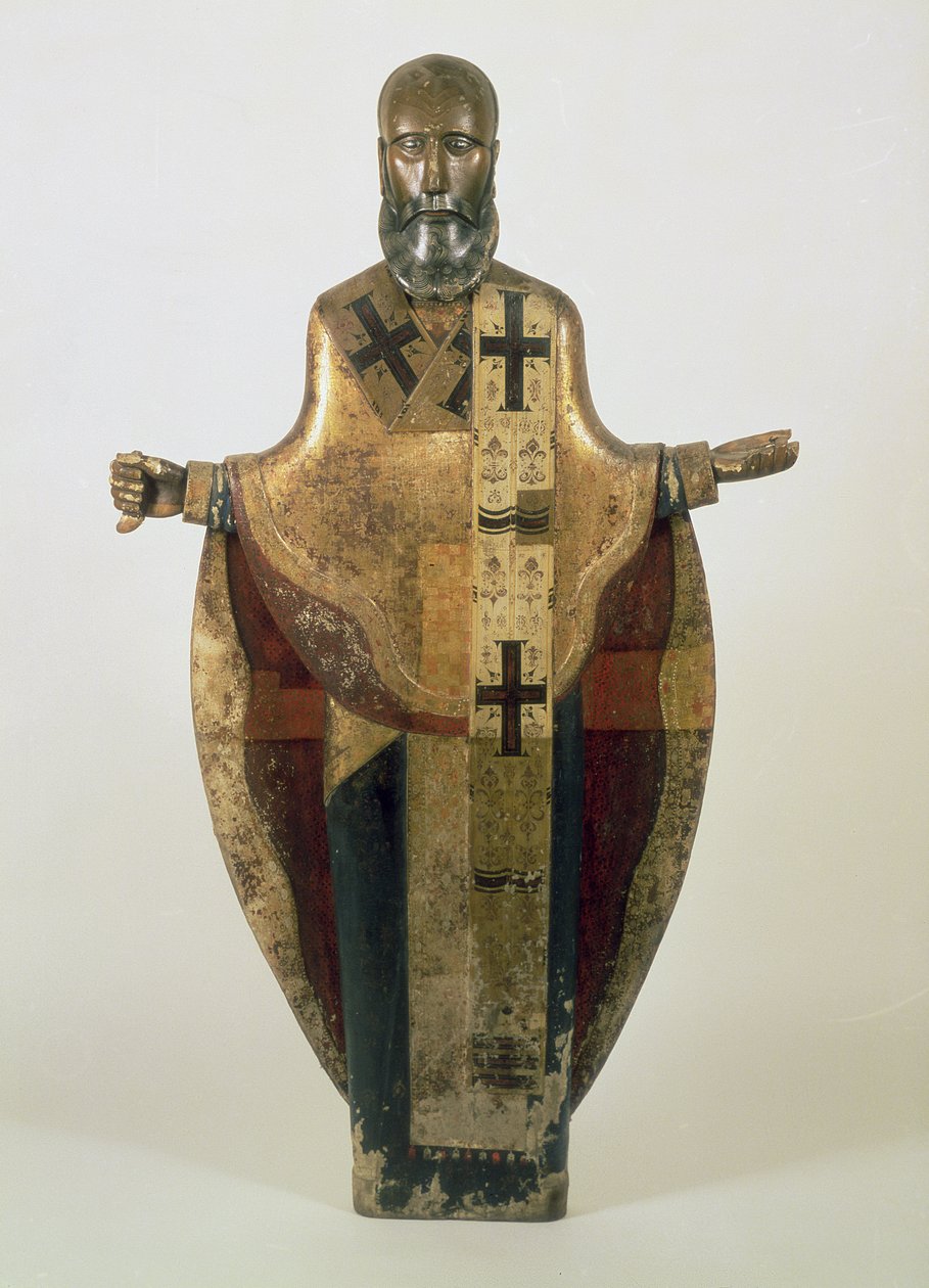 Mozhaisk Aziz Nikolaos heykeli, Rus, 16. yüzyılın sonları (ahşap, süslü brokar, gesso, tempera) by Russian School