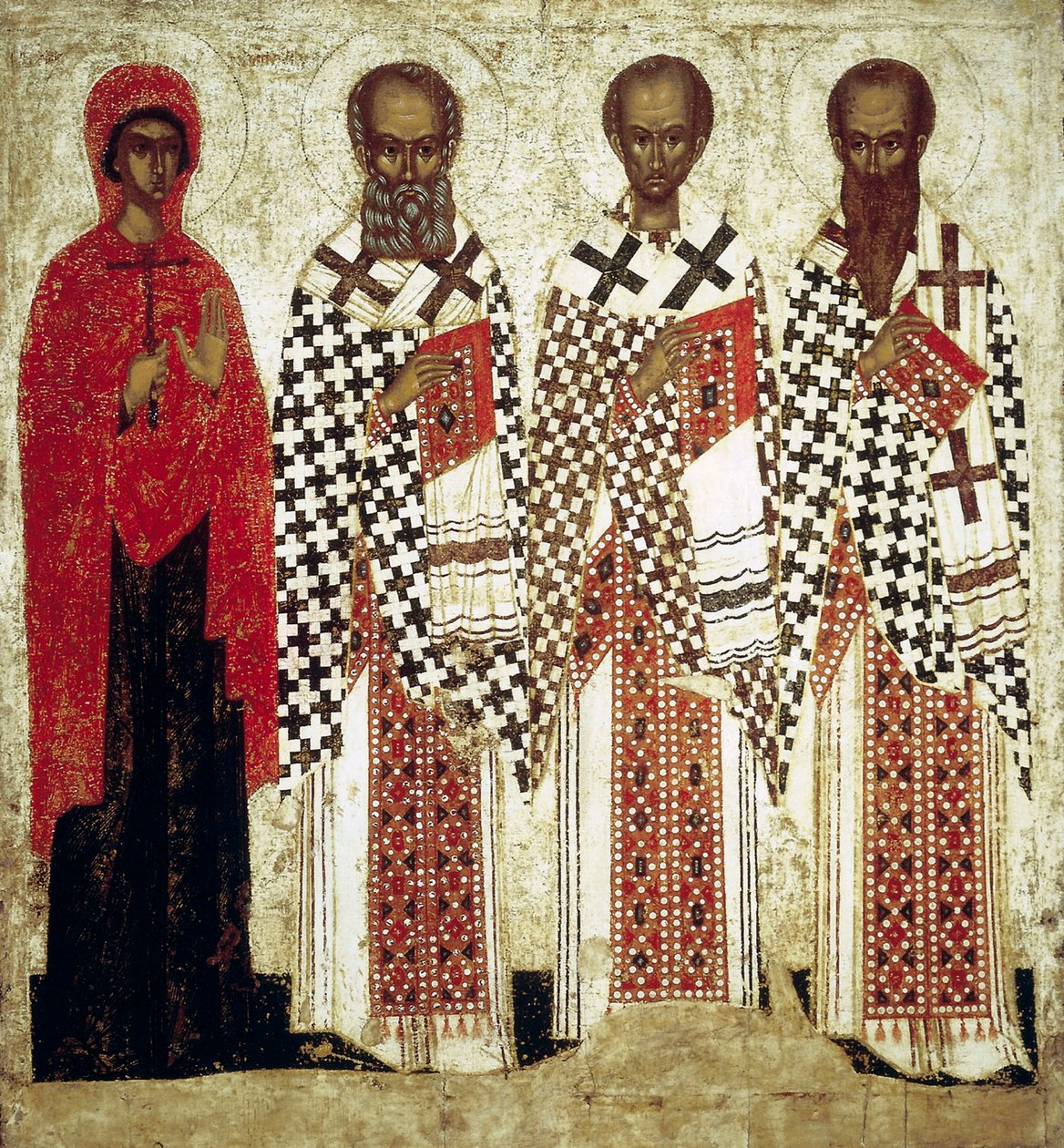 Paraskeva Pyatnitsa, İlahiyatçı Gregory, John Chrysostom ve Büyük Basil, 15. yüzyılın başlarında by Russian icon.