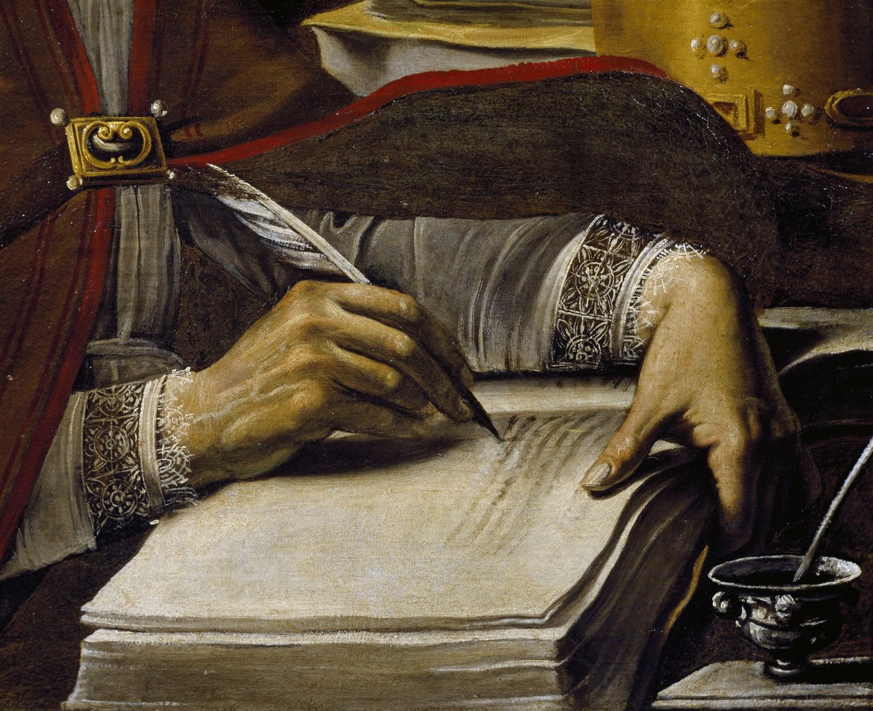 Eller, tüy kalemle yazı, Saint Ambrouse detayı, Rutilio Manetti (1571-1639), tuval üzerine yağlı boya, 67x89 cm by Rutilio Manetti