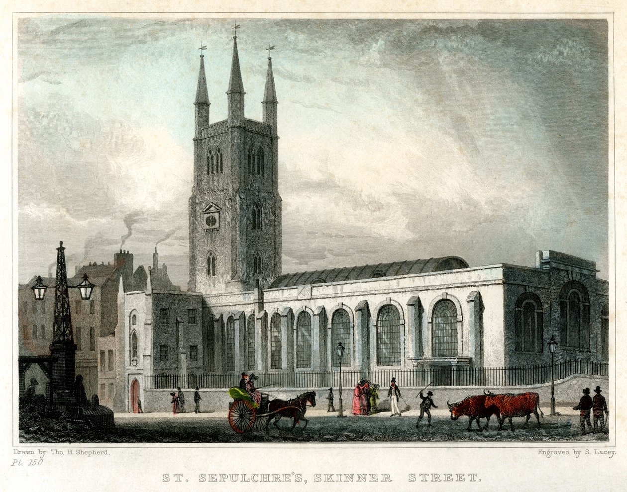 St Sepulchres Kilisesi, Skinner Caddesi, Londra Şehri, c1830. by S. Lacey