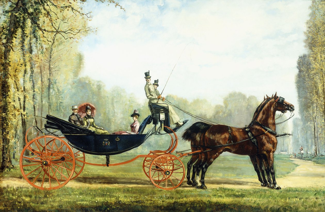 Ötesinde Avı Olan Bir Parkta Atlı Araba (tuval üzerine yağlı boya) by S. Normand