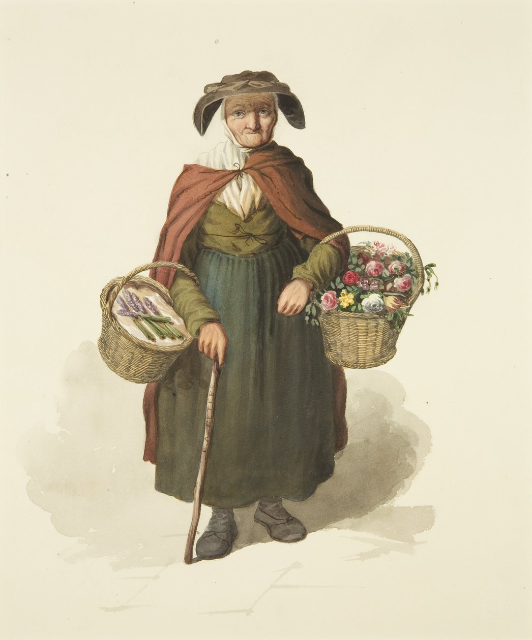 Old Kingswood Flower Seller, c.1828 (kağıt üzerine kurşun kalem ve sulu boya) by S. or D. A. Peters
