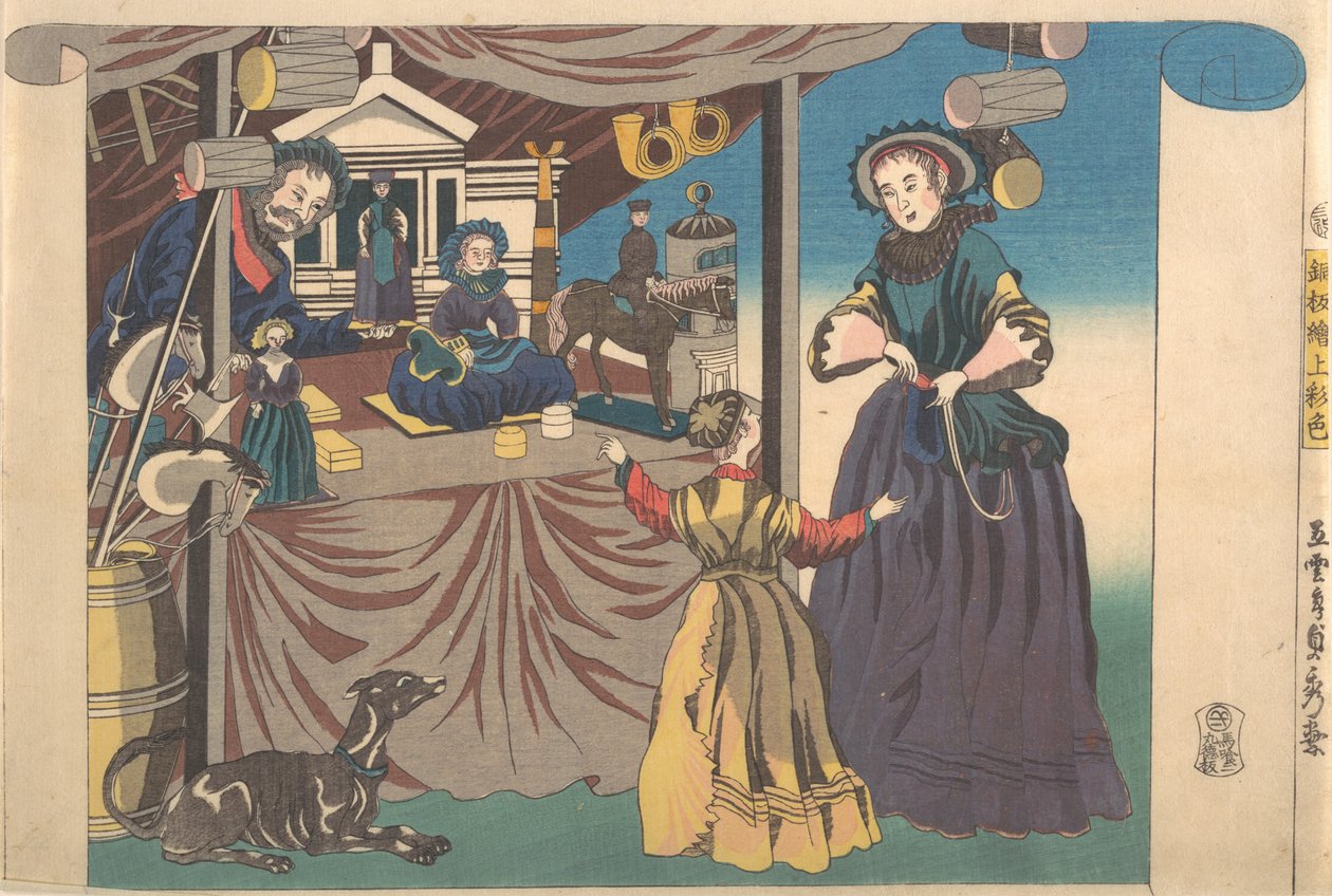 Bir Oyuncak Mağazasının Bakır Levha Resminin Renkli Baskısı, 1860. by Sadahide Utagawa