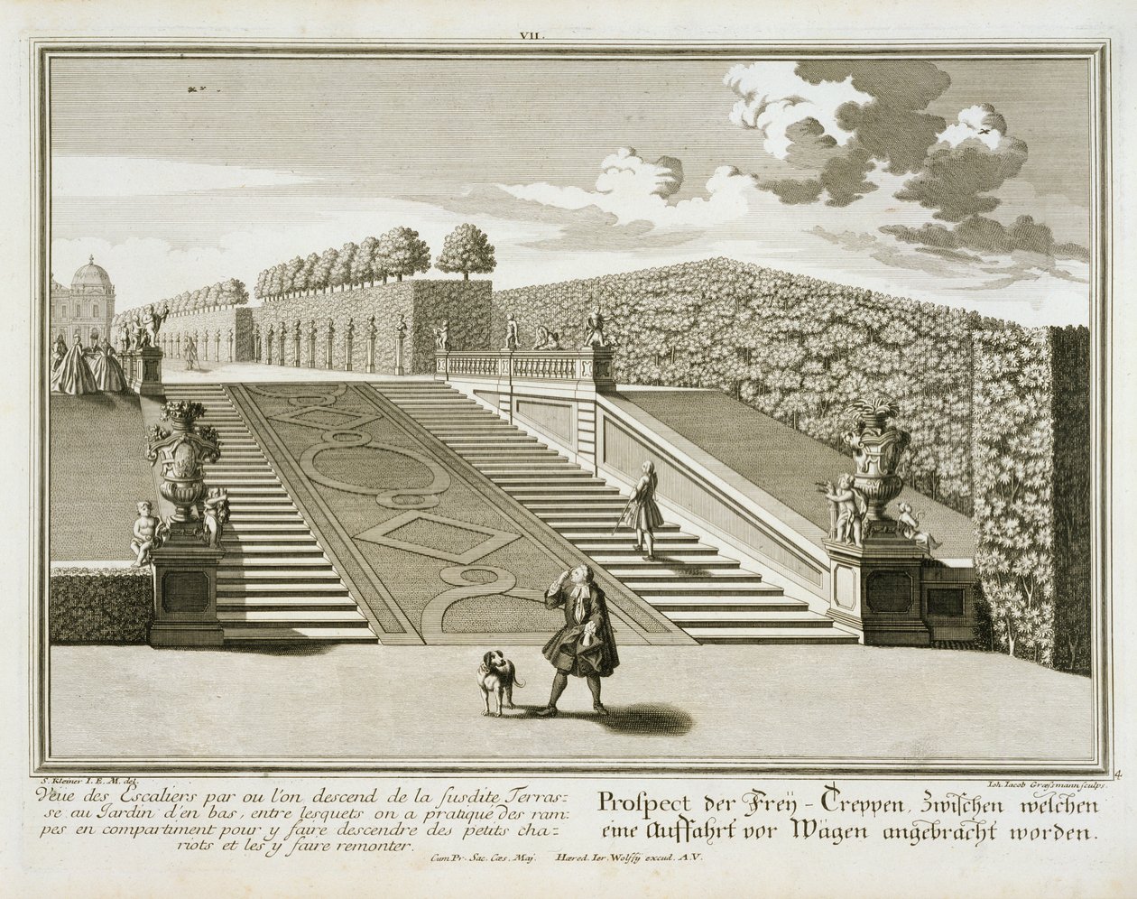 Bahçe terasına giden adımlar, Belvedere Sarayı, Viyana, Johann Jacob Grossmann tarafından oyulmuş, c.1730-40 yayınlandı by Salomon Kleiner