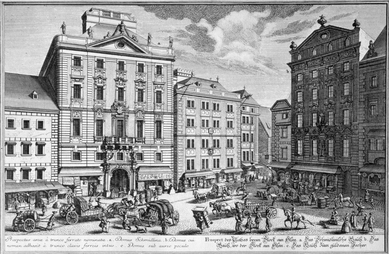 Stock-im-Eisen-Platz görünümü, Viyana Karl Remshard (1678-1735) tarafından oyulmuş by Salomon Kleiner