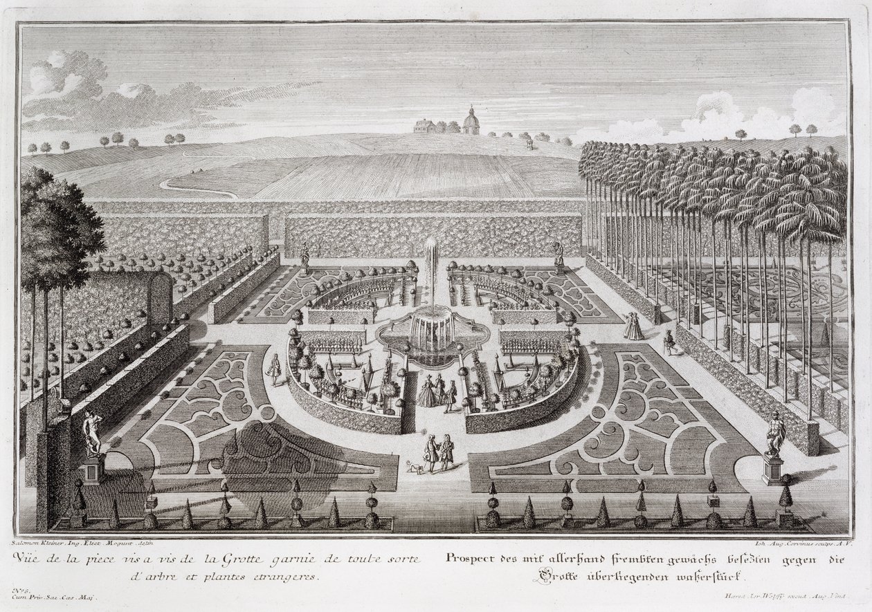 Johann August Corvinus (1683-1738) tarafından oyulmuş mağaranın yanındaki topiary bahçenin görünümü, Geibach, 1728 yayınlandı by Salomon Kleiner