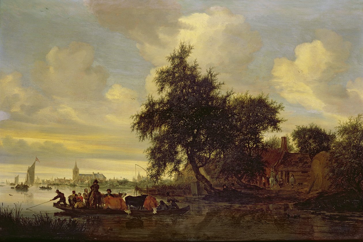 ಫೆರ್ರಿಯೊಂದಿಗೆ ನದಿಯ ಭೂದೃಶ್ಯ, 1633 (ತೈಲ) ಟರ್ಕ್ by Salomon van Ruisdael or Ruysdael