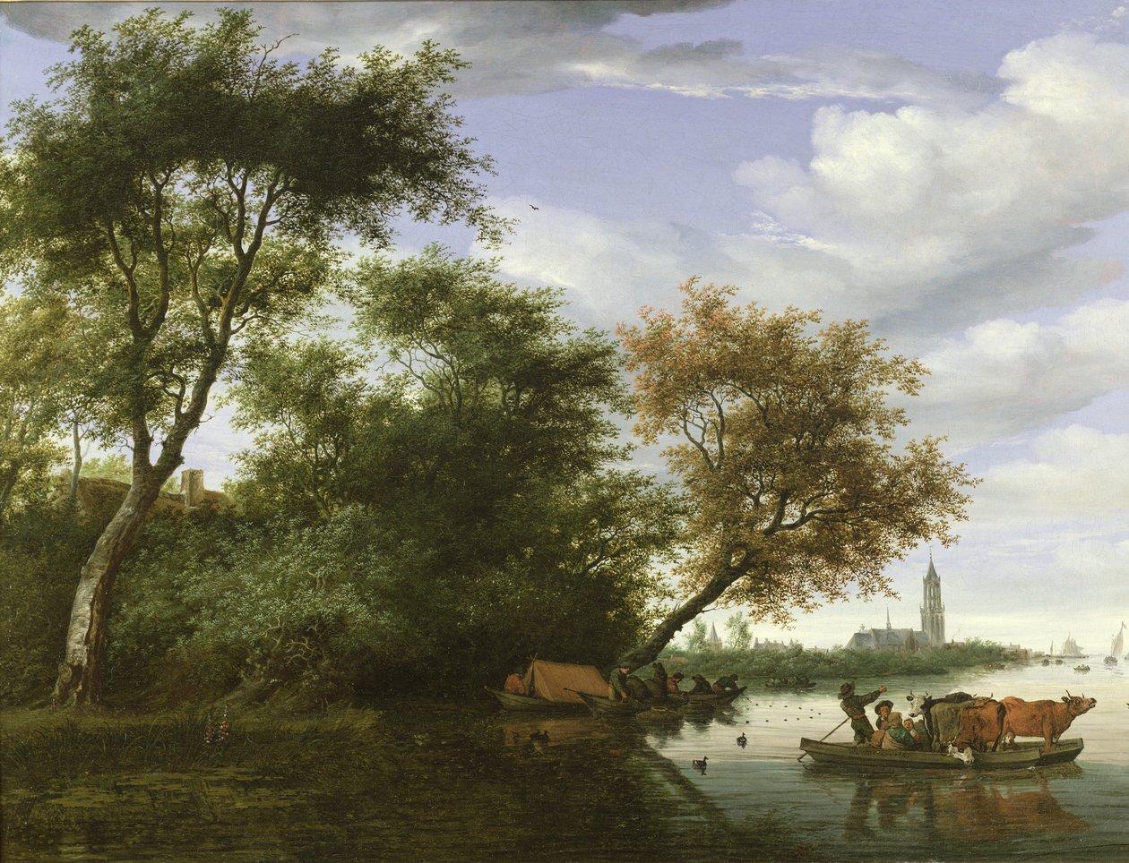 Bir feribot üzerinde rakamlar ve sığır ile ormanlık nehir manzarası by Salomon van Ruisdael or Ruysdael
