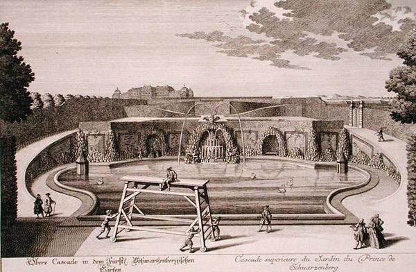 Viyana, Schwarzenberg Prensi bahçesindeki büyük çeşme, Georg-Daniel Heumann (1691-1759) tarafından oyulmuş, c.1724-37 (gravür) yayınlanmıştır (ayrıca bkz. 170853) by Salomon (after) Kleiner