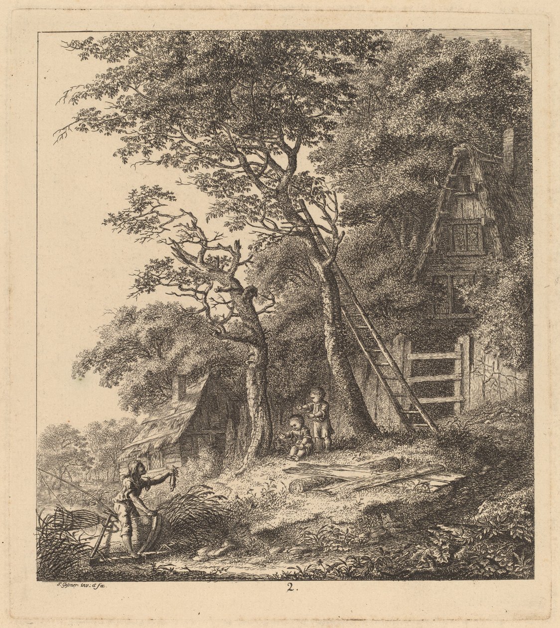 Sazdan Kulübeler Olan Bir Manzarada Bir Balıkçı ve İki Çocuk, 1764. by Salomon Gessner