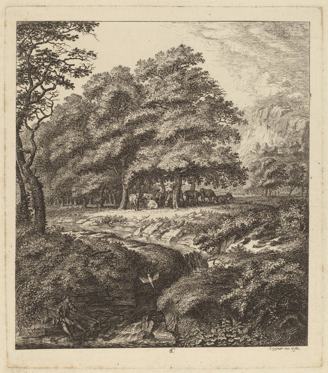 Bir Derenin Yanında Oturan Bir Adamla Koruda Dinlenen Sığır, 1764. by Salomon Gessner