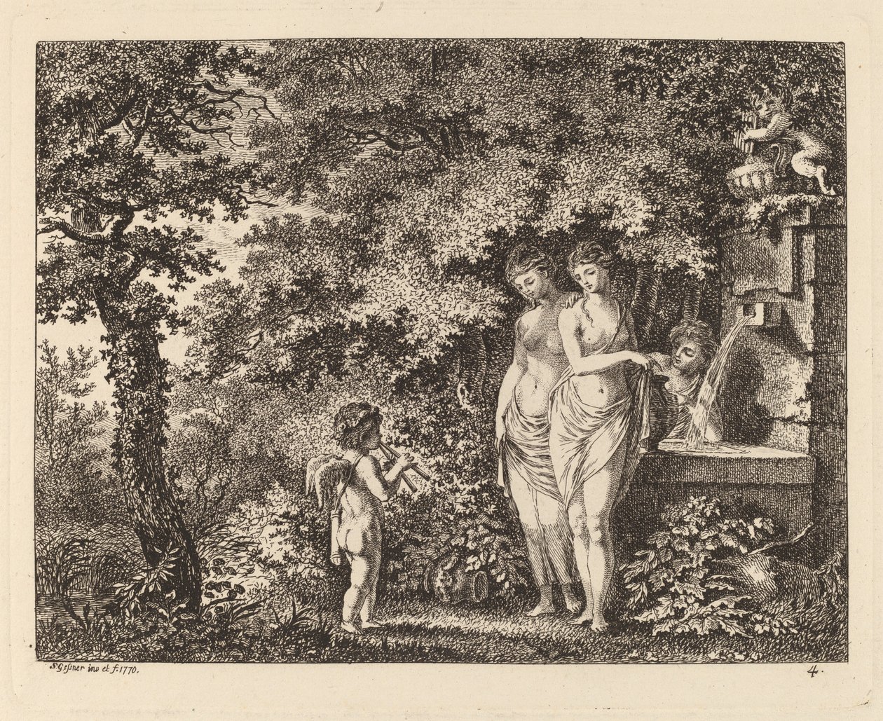 Çeşmede Üç Kızla Eros, 1770. by Salomon Gessner