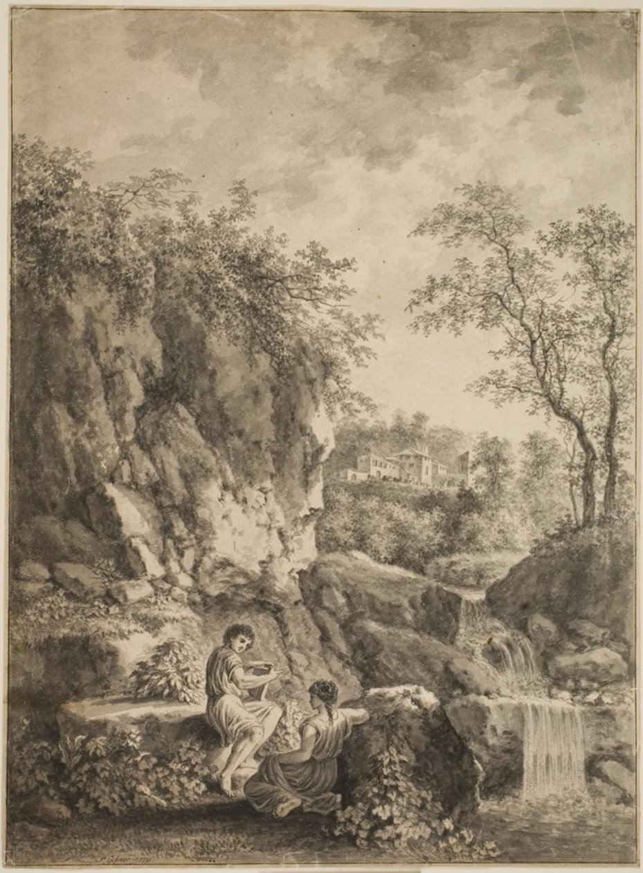 Bir dere ile kayalık manzara. Ön planda boru düdüğü olan genç bir adam ve genç bir kadın. by Salomon Gessner
