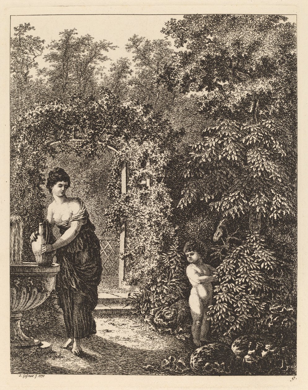 Putto Çeşmede Bir Kızı Ziyaret Eder, 1771. by Salomon Gessner